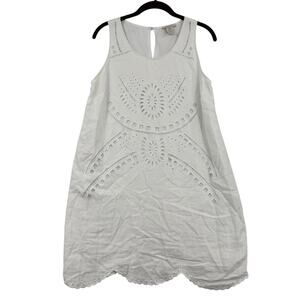 Saint Tropez West Linen Shift Dress Size 12 White Embroidered Eyelet Sleeveless